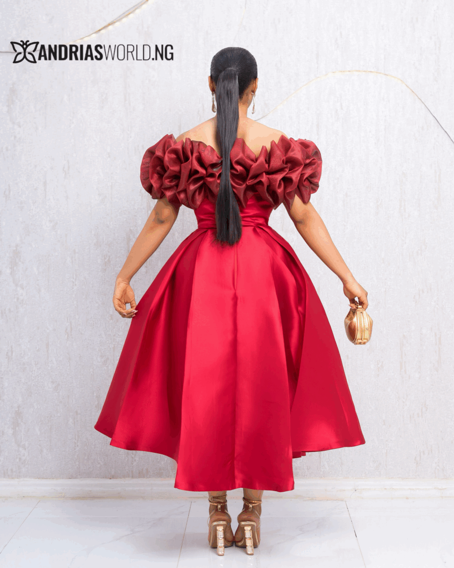 RED MIKADO SKATER DRESS WITH ORGANZA